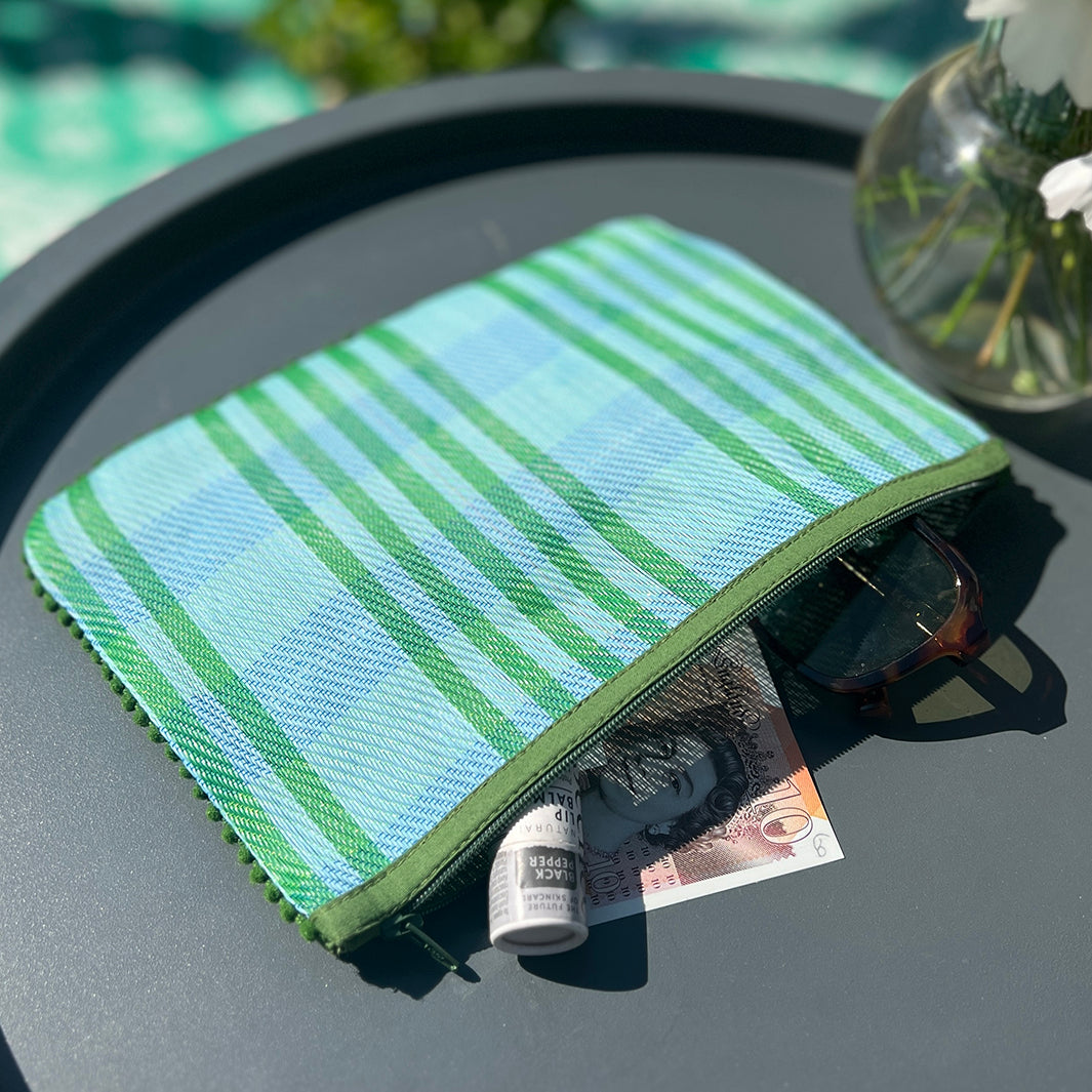 Recycled Woven Pom Pom Pouch - Ocean