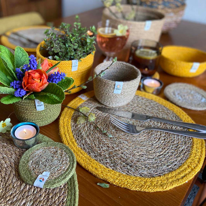 Set of 6 Seagrass & Jute Tablemats - Natural/Yellow