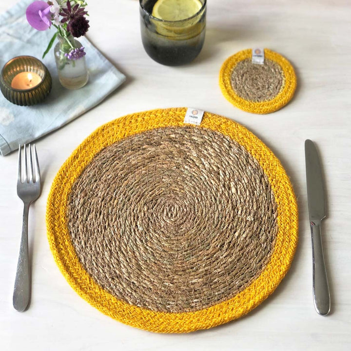 Set of 6 Seagrass & Jute Tablemats - Natural/Yellow