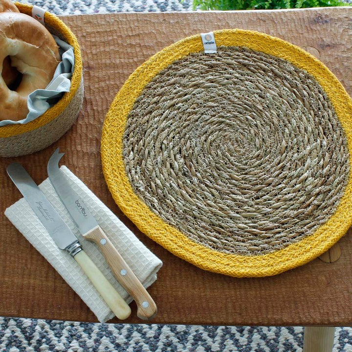 Set of 6 Seagrass & Jute Tablemats - Natural/Yellow