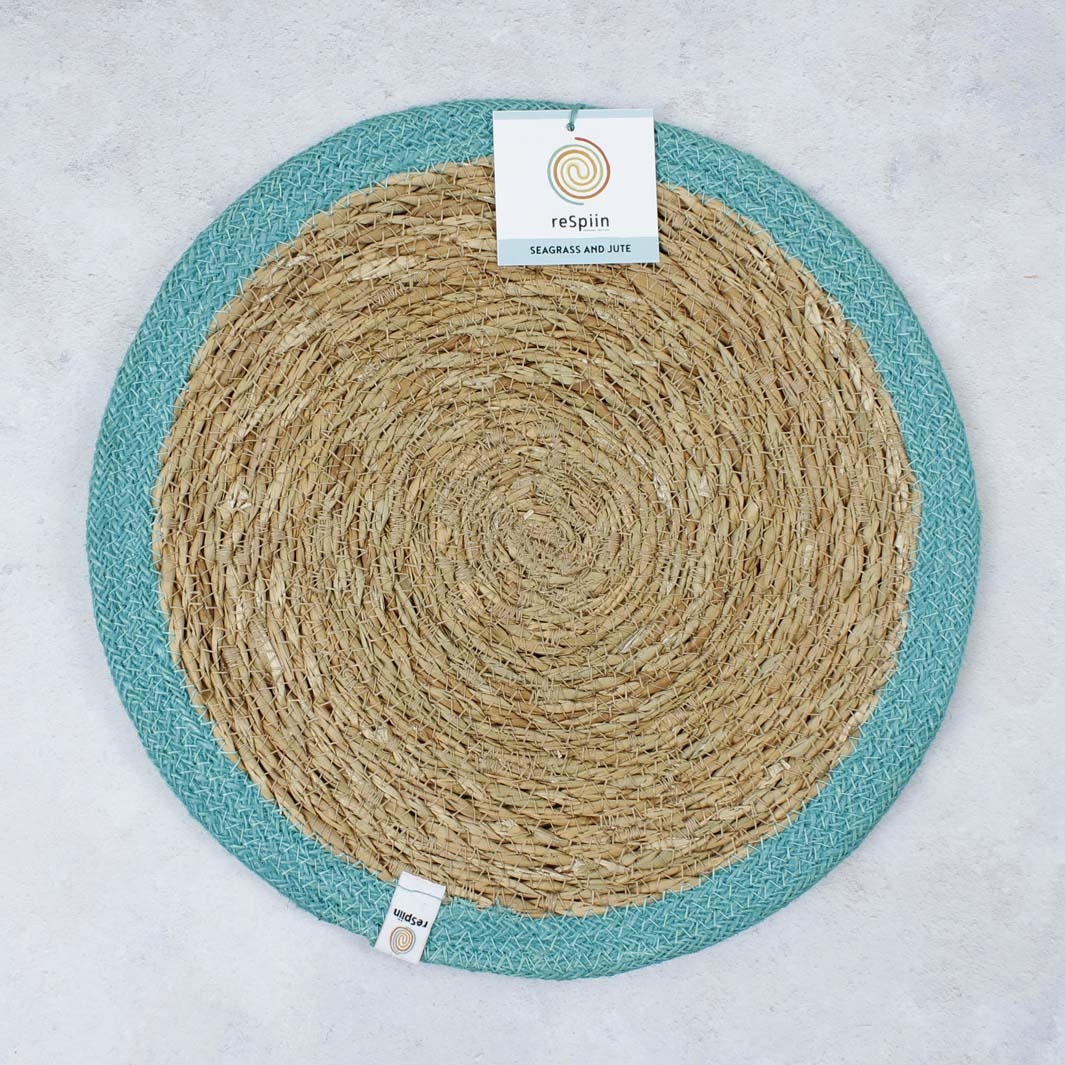 Set of 6 Seagrass & Jute Tablemats - Natural/Turquoise