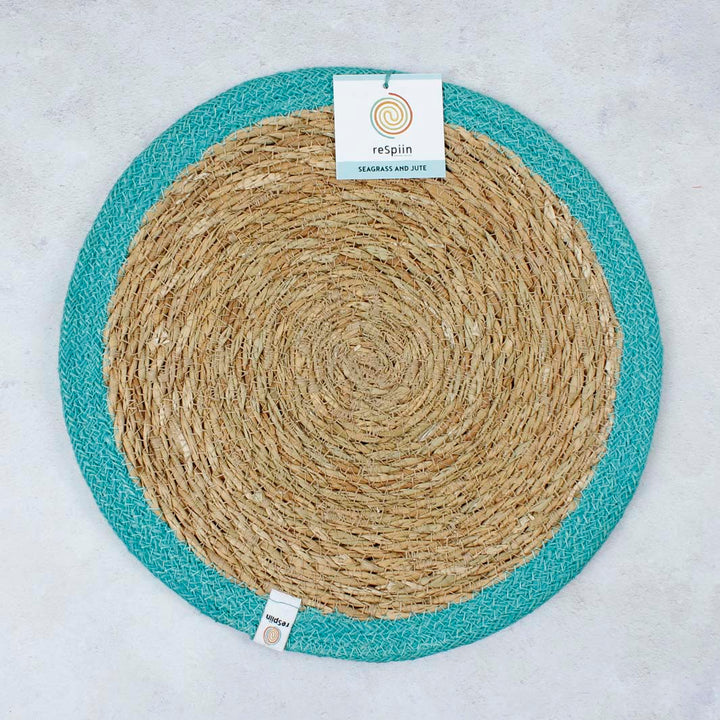 Set of 6 Seagrass & Jute Tablemats - Natural/Turquoise