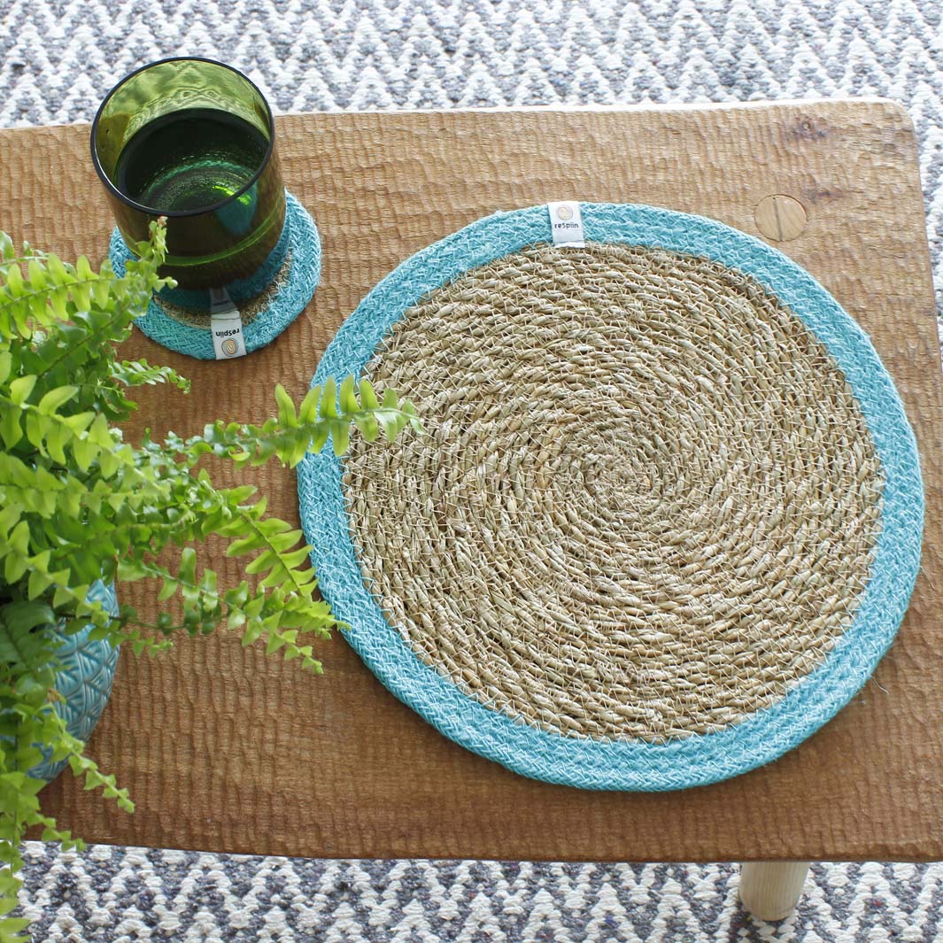 Set of 6 Seagrass & Jute Tablemats - Natural/Turquoise