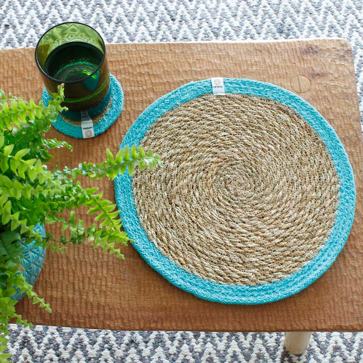 Set of 6 Seagrass & Jute Tablemats - Natural/Turquoise
