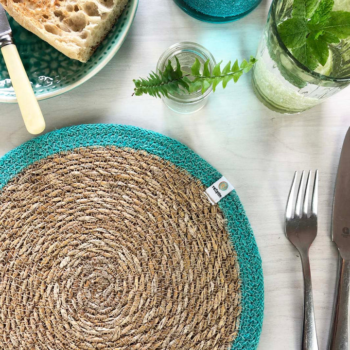 Set of 6 Seagrass & Jute Tablemats - Natural/Turquoise