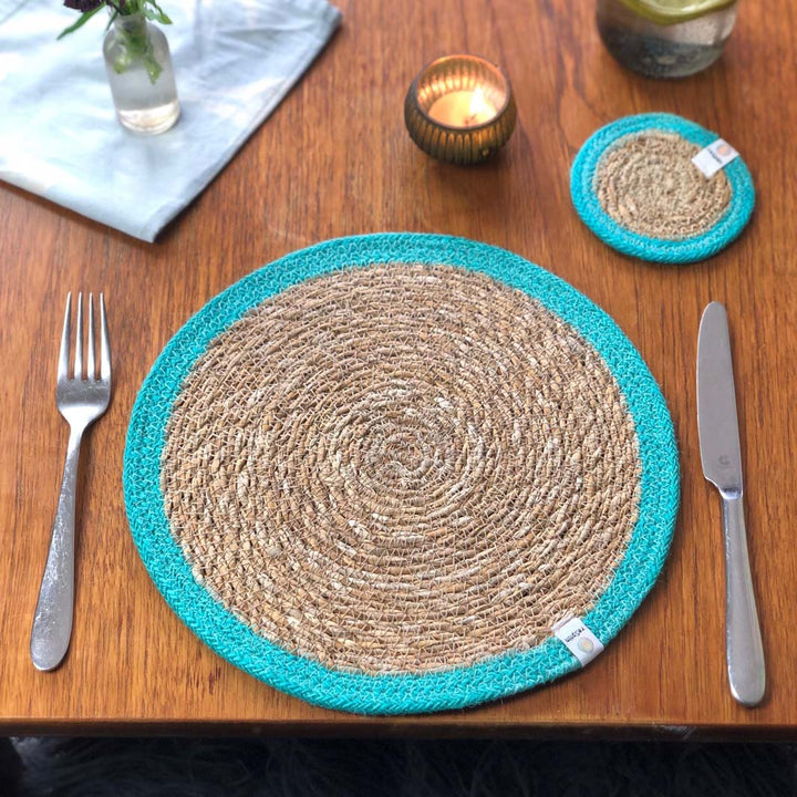 Set of 6 Seagrass & Jute Tablemats - Natural/Turquoise