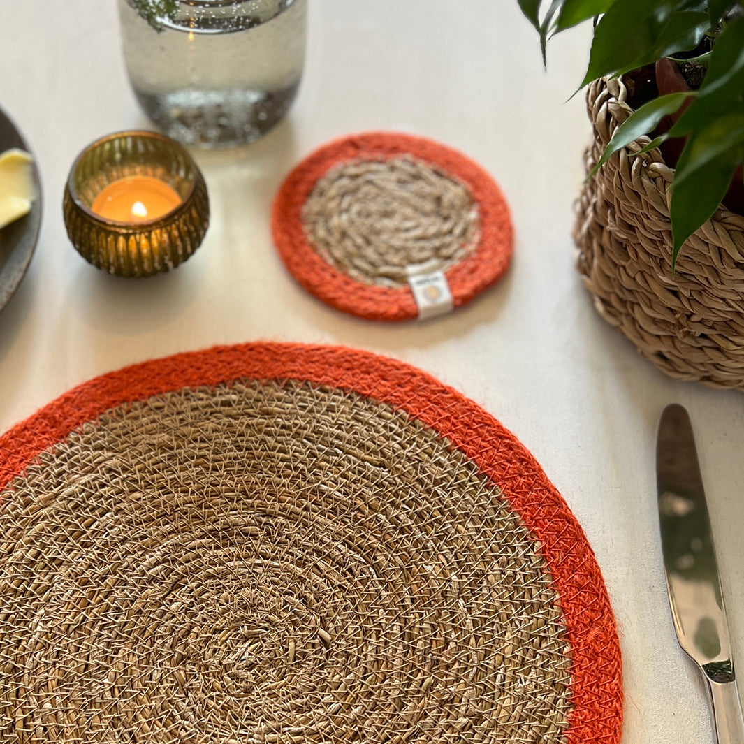 Set of 6 Seagrass & Jute Tablemats - Natural/Orange