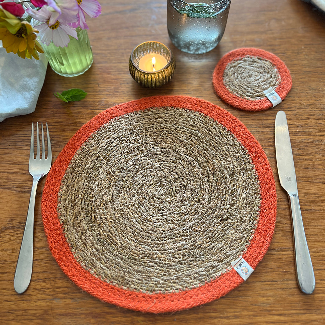 Set of 6 Seagrass & Jute Tablemats - Natural/Orange