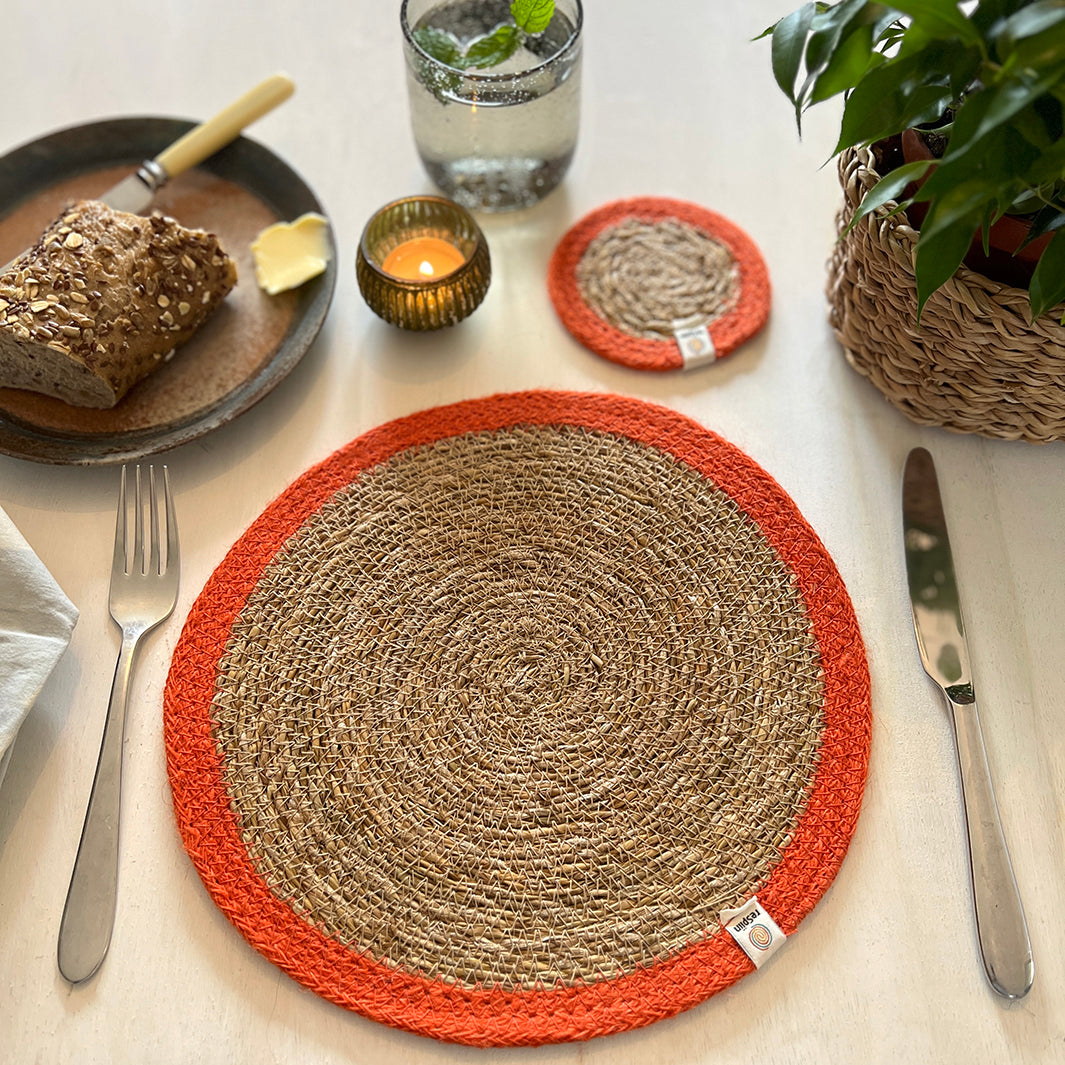 Set of 6 Seagrass & Jute Tablemats - Natural/Orange
