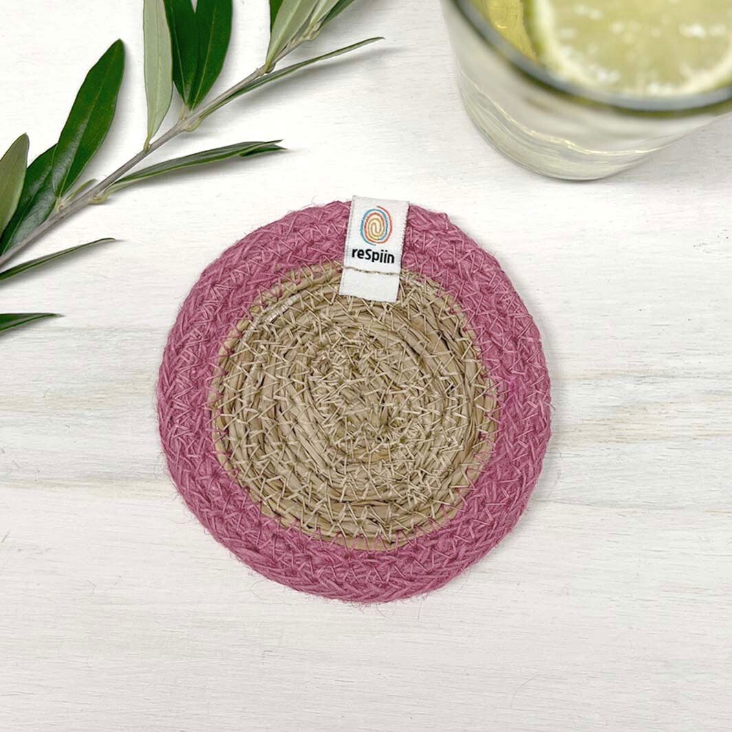 Set of 6 Seagrass & Jute Coasters - Natural/Pink