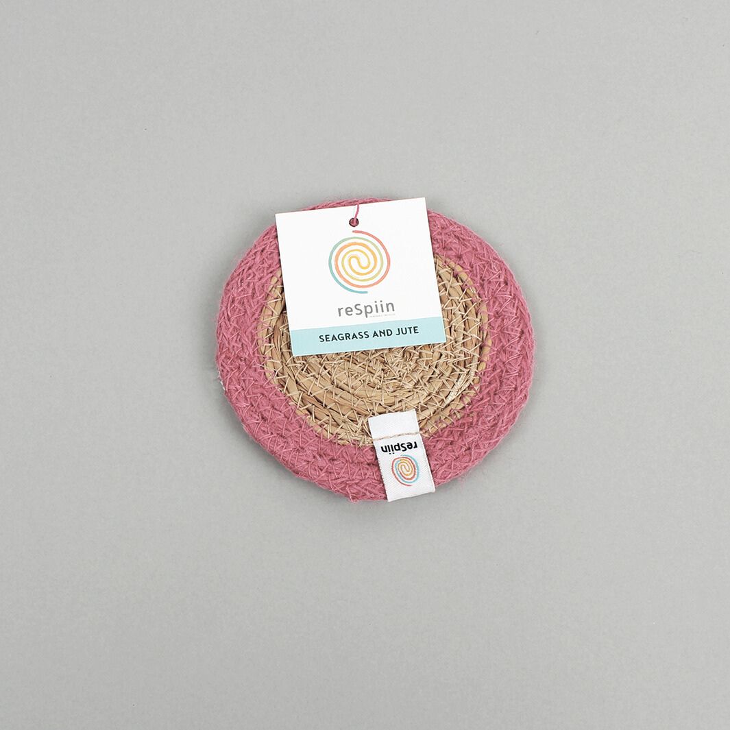 Set of 6 Seagrass & Jute Coasters - Natural/Pink