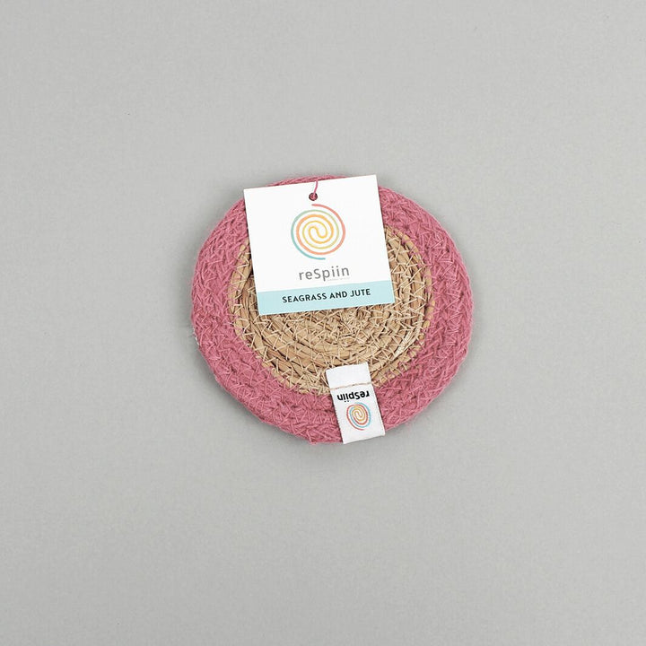 Set of 6 Seagrass & Jute Coasters - Natural/Pink