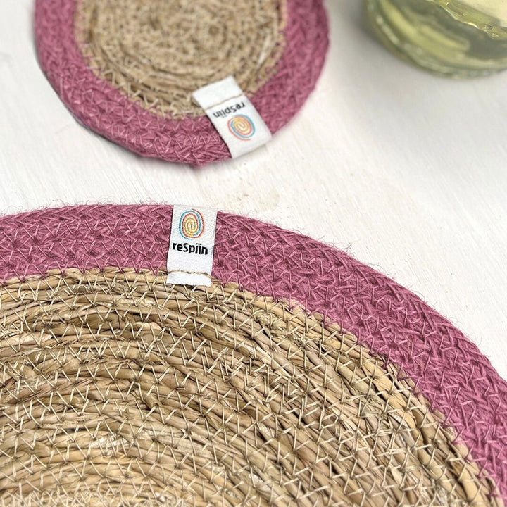 Set of 6 Seagrass & Jute Coasters - Natural/Pink