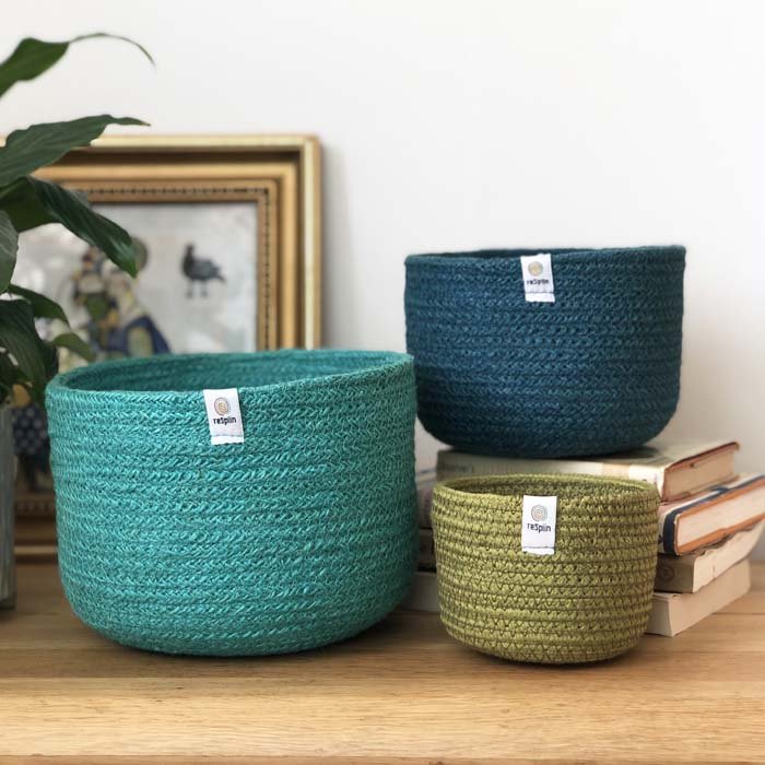ReSpiin Tall Jute Basket Set Blue Jute Baskets Ocean Jute Basket Set