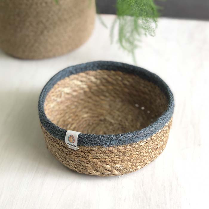 SMALL Shallow Woven Seagrass + Jute Basket - NATURAL/GREY
