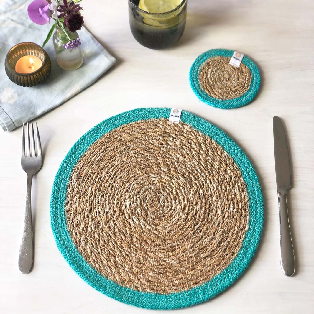 Woven Seagrass + Jute Tablemat - NATURAL/TURQUOISE