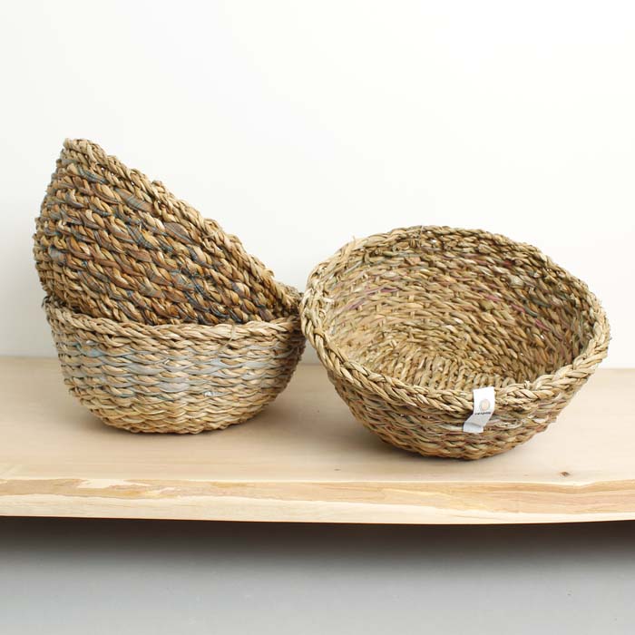 Upcycled Sari + Braided Seagrass Bowl - NATURAL