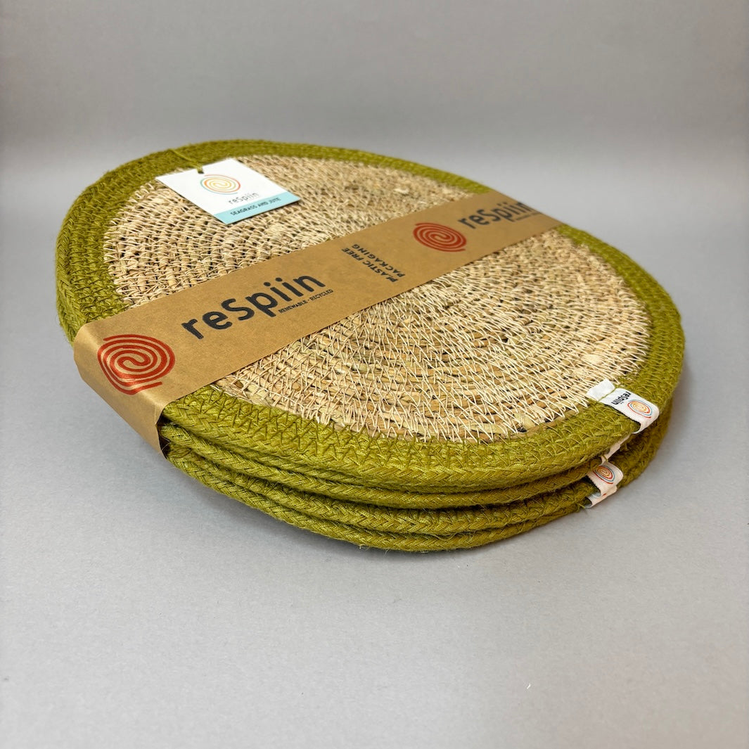 Set of 6 Seagrass & Jute Tablemats - Natural/Green