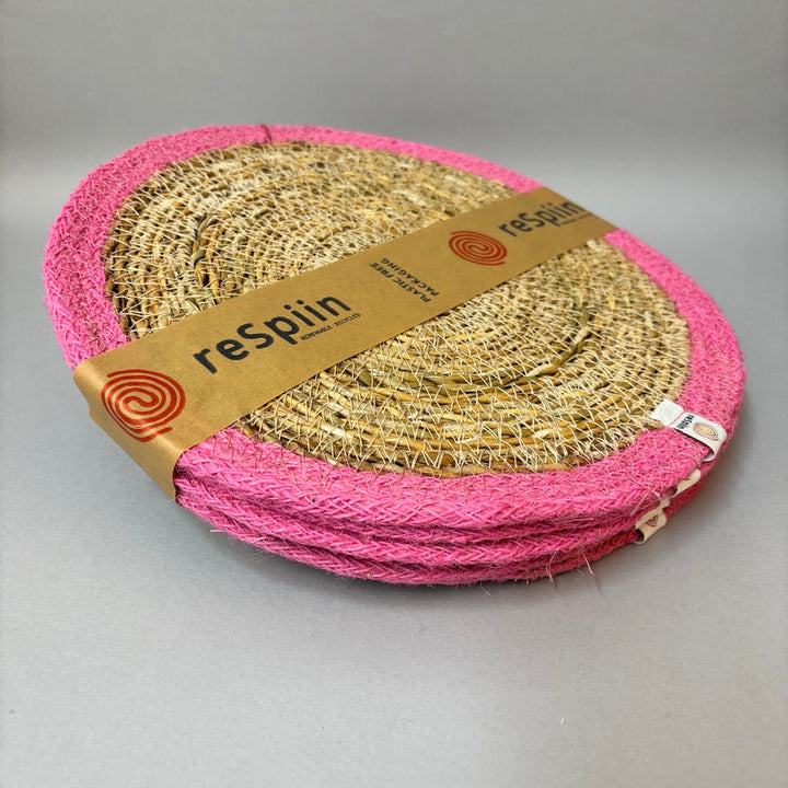 Set of 6 Seagrass & Jute Tablemats - Natural/Pink