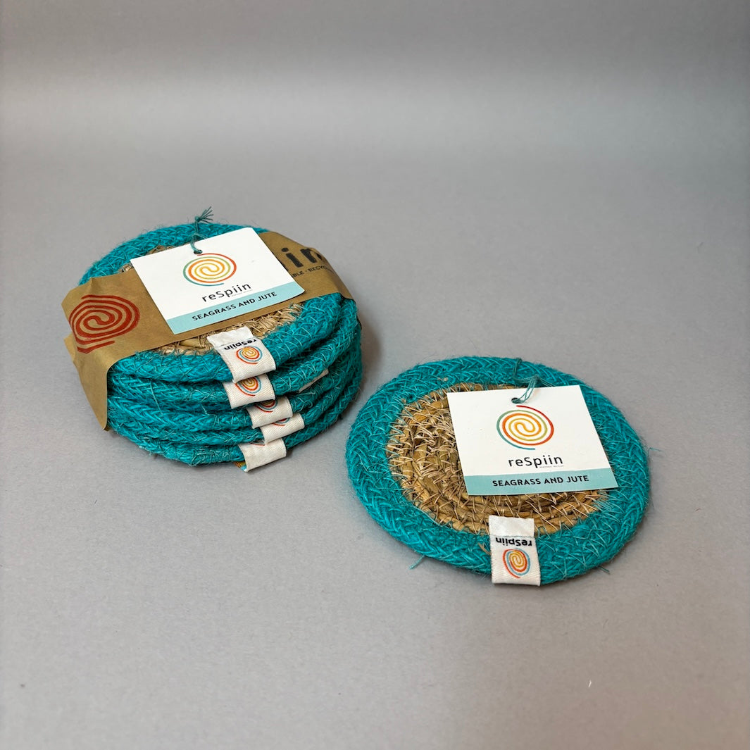 Set of 6 Seagrass & Jute Coasters - Natural/Turquoise