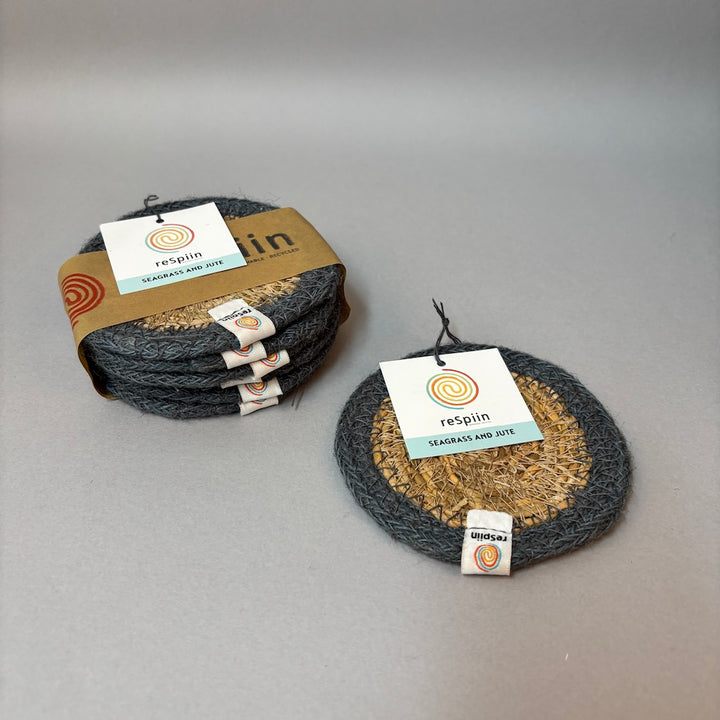 Set of 6 Seagrass & Jute Coasters - Natural/Grey