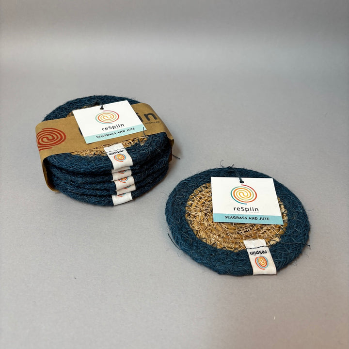 Set of 6 Seagrass & Jute Coasters - Natural/Denim