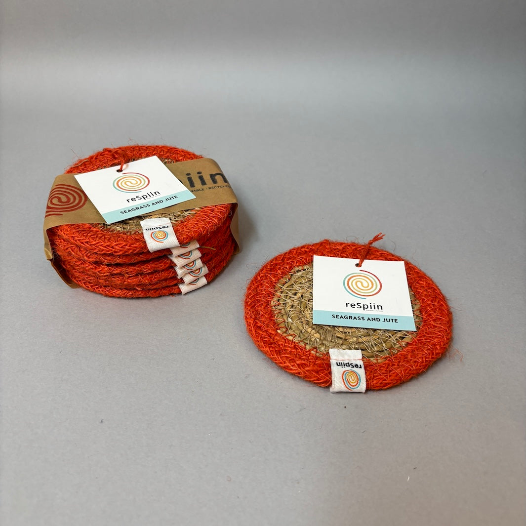 Set of 6 Seagrass & Jute Coasters - Natural/Orange
