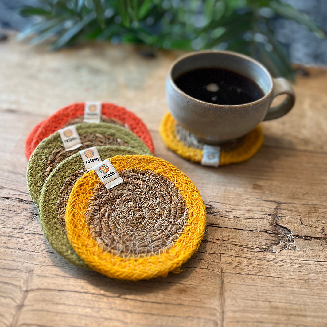 Set of 6 Seagrass & Jute Coasters - Brights