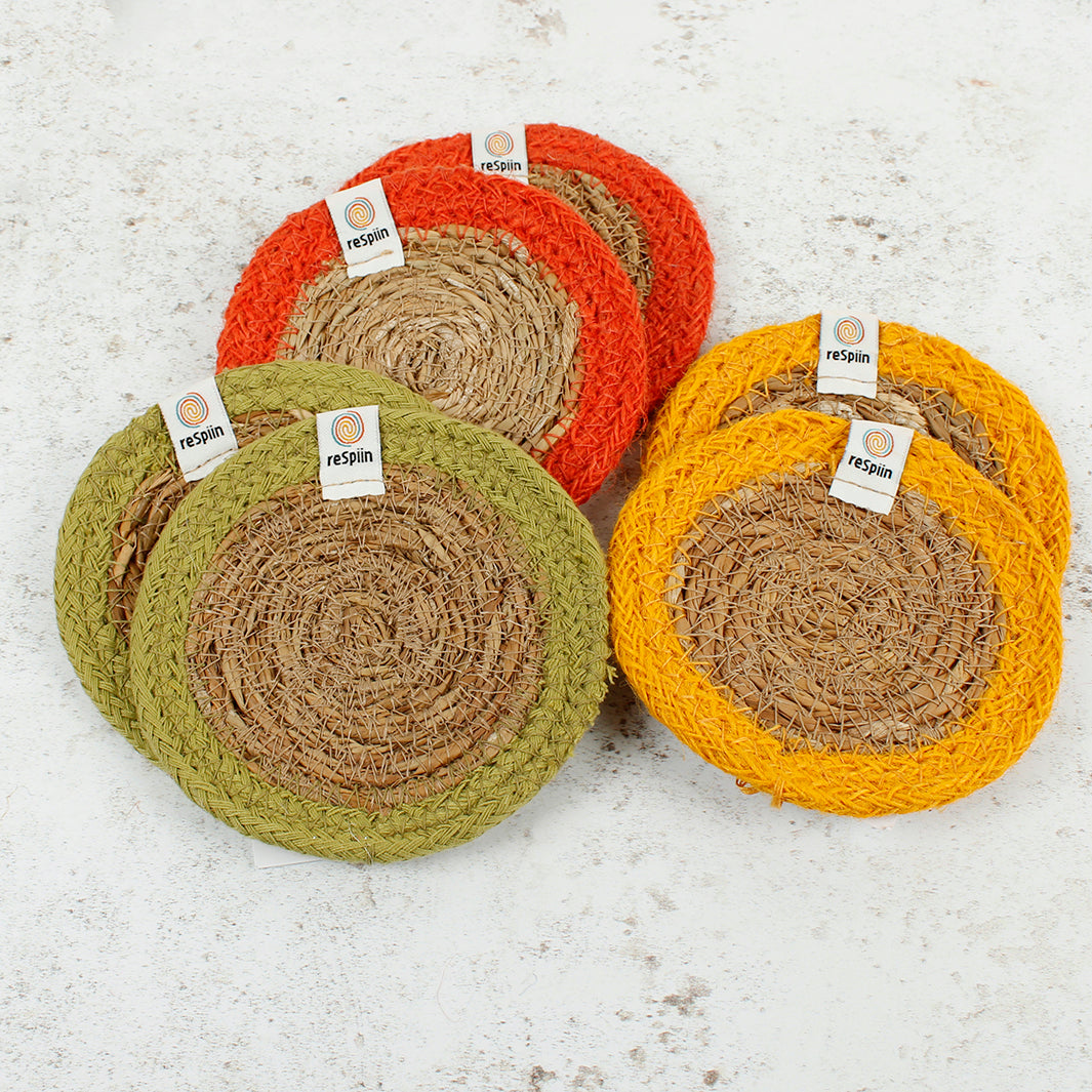 Set of 6 Seagrass & Jute Coasters - Brights