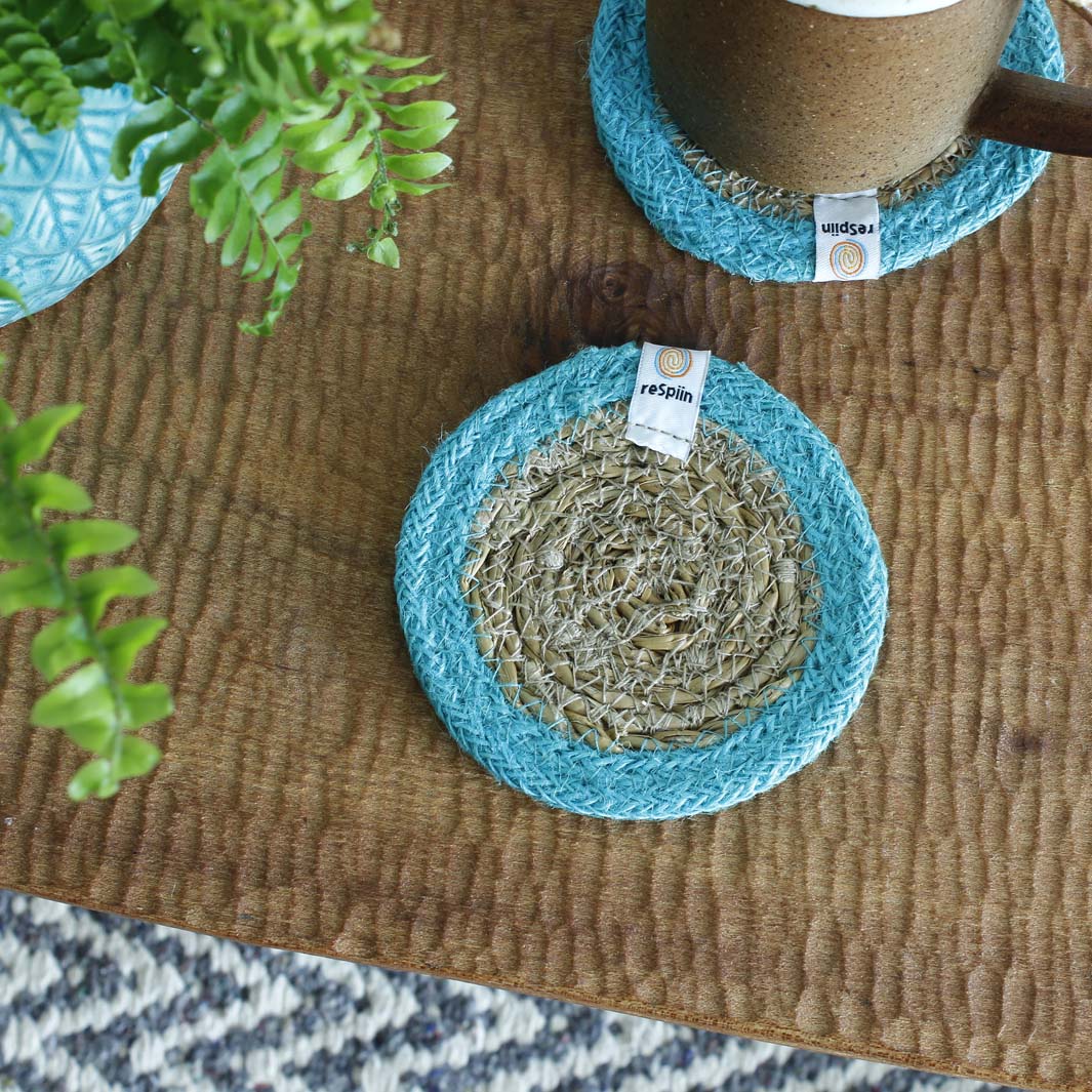 Seagrass & Jute Coaster - Natural/Turquoise