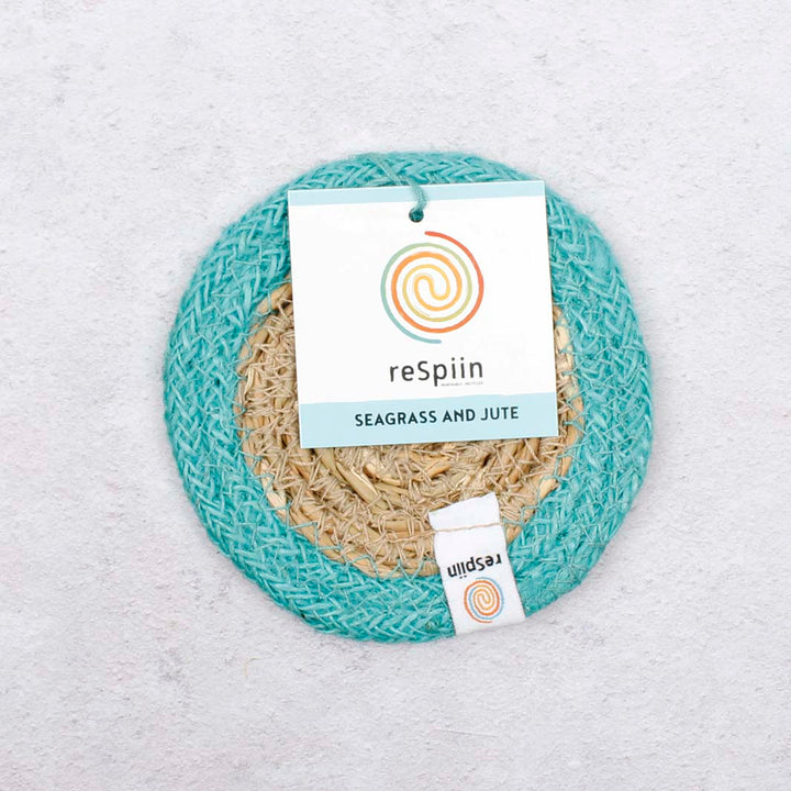 Seagrass & Jute Coaster - Natural/Turquoise