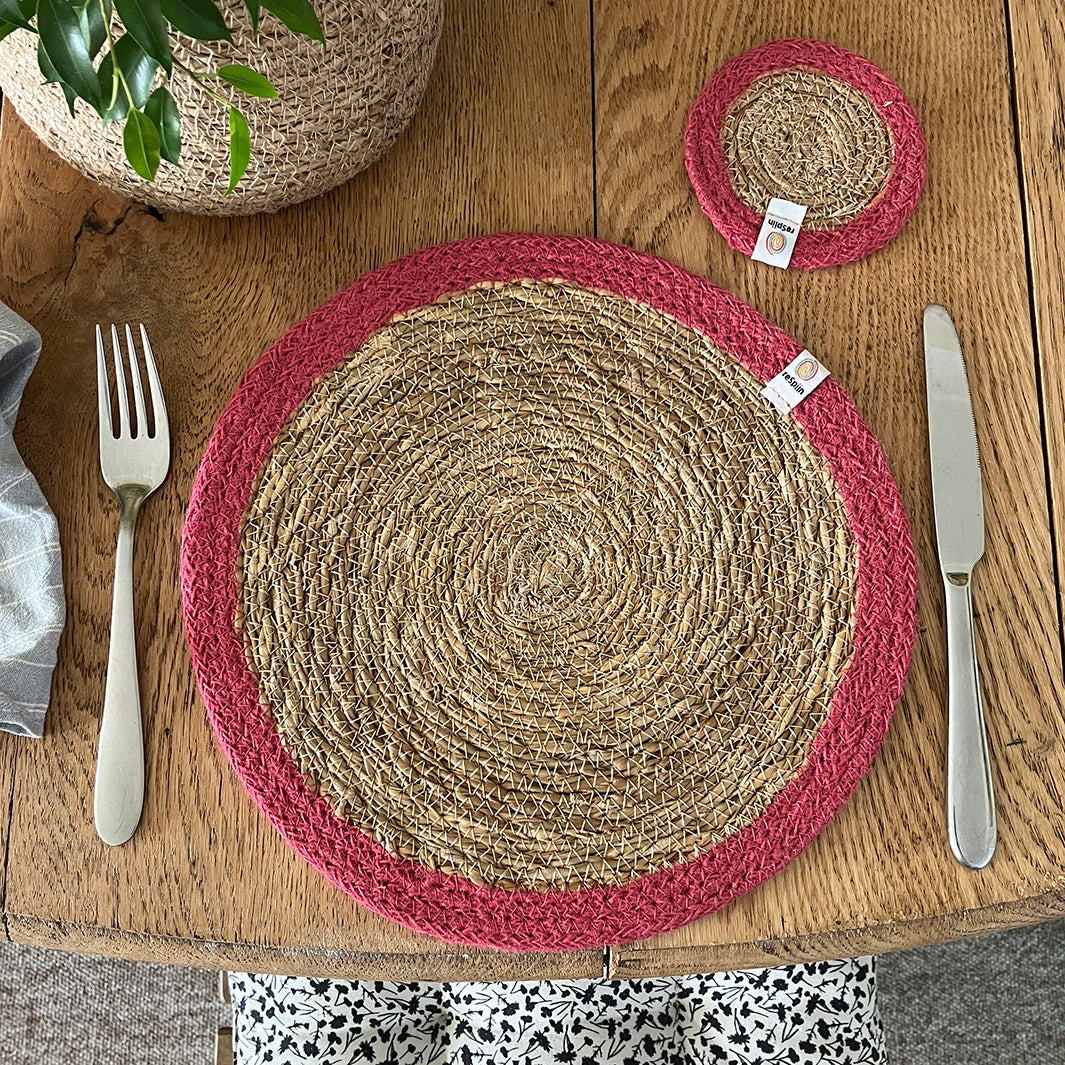 Set of 6 Seagrass & Jute Coasters - Natural/Pink