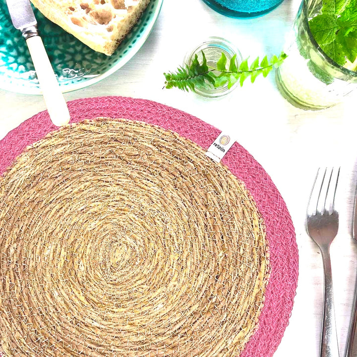 Set of 6 Seagrass & Jute Tablemats - Natural/Bright Pink