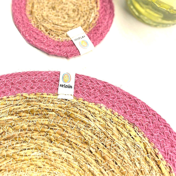 Set of 6 Seagrass & Jute Coasters - Natural/Bright Pink