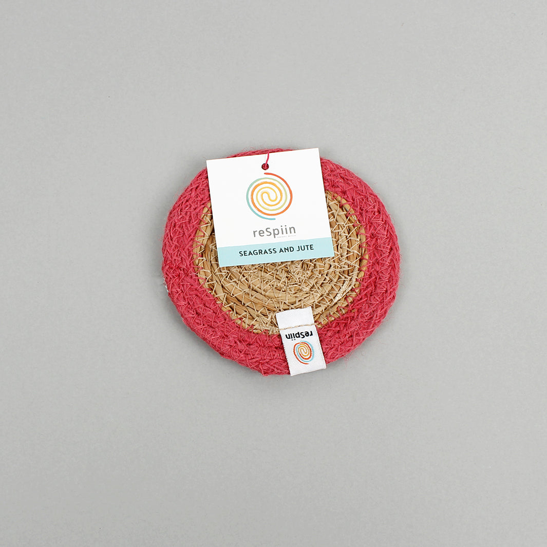 Set of 6 Seagrass & Jute Coasters - Natural/Pink