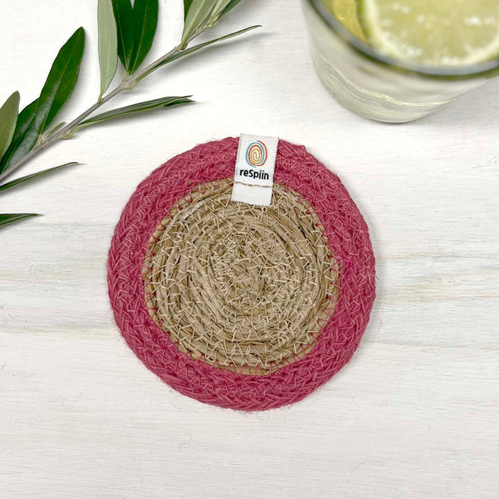 Set of 6 Seagrass & Jute Coasters - Natural/Pink