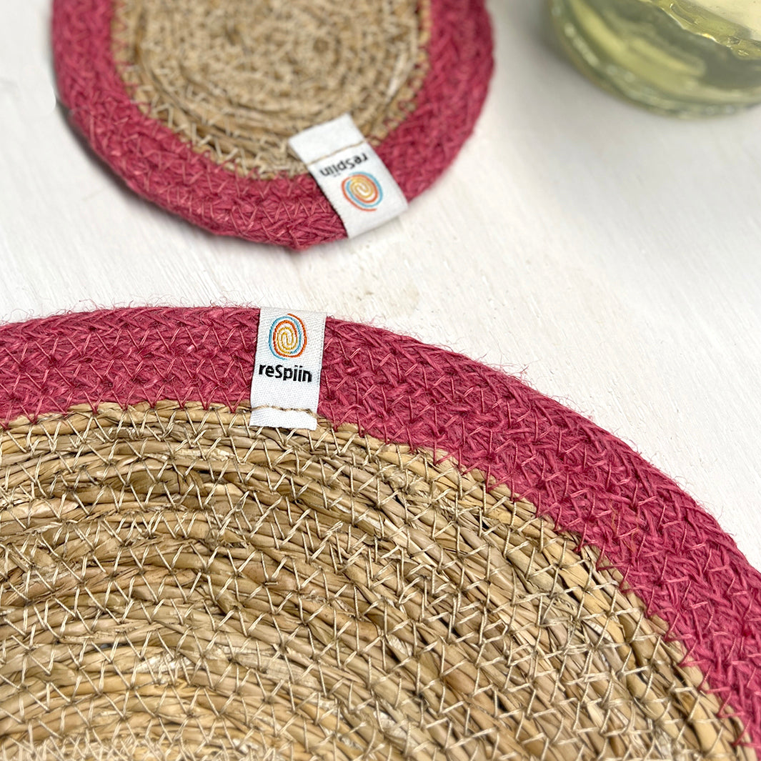 Set of 6 Seagrass & Jute Coasters - Natural/Pink
