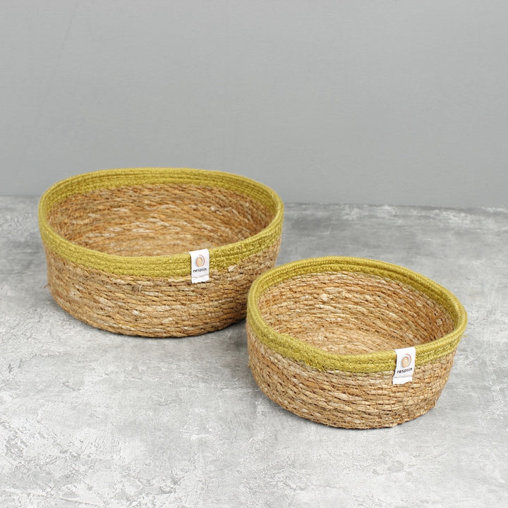 Seagrass & Jute Shallow Basket Set of 2 - Natural/Green