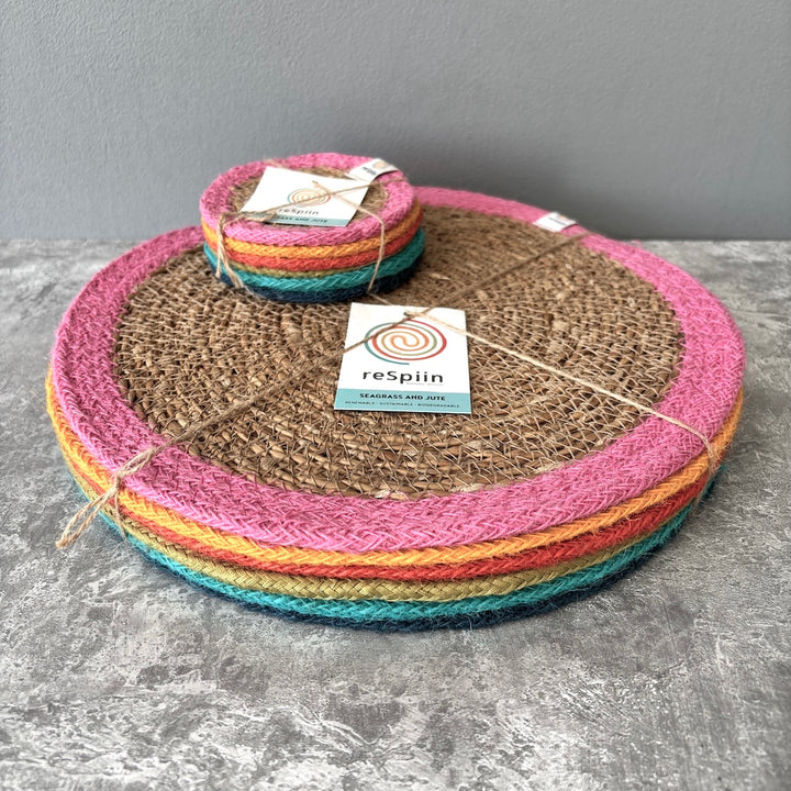 Set of 6 Seagrass & Jute Coasters - Rainbow