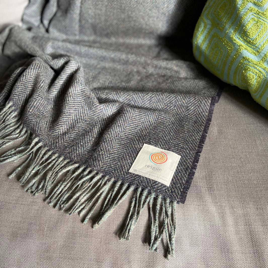 Recycled Wool Large Herringbone Blanket/Throw - Night Sky