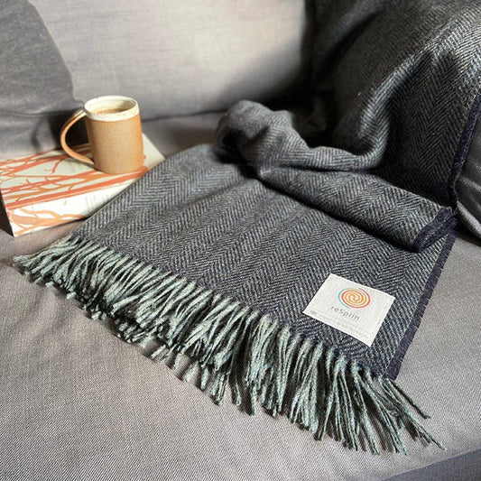 Large Recycled Wool Herringbone Throw with Twisted Fringe - Night Sky - Green Tulip