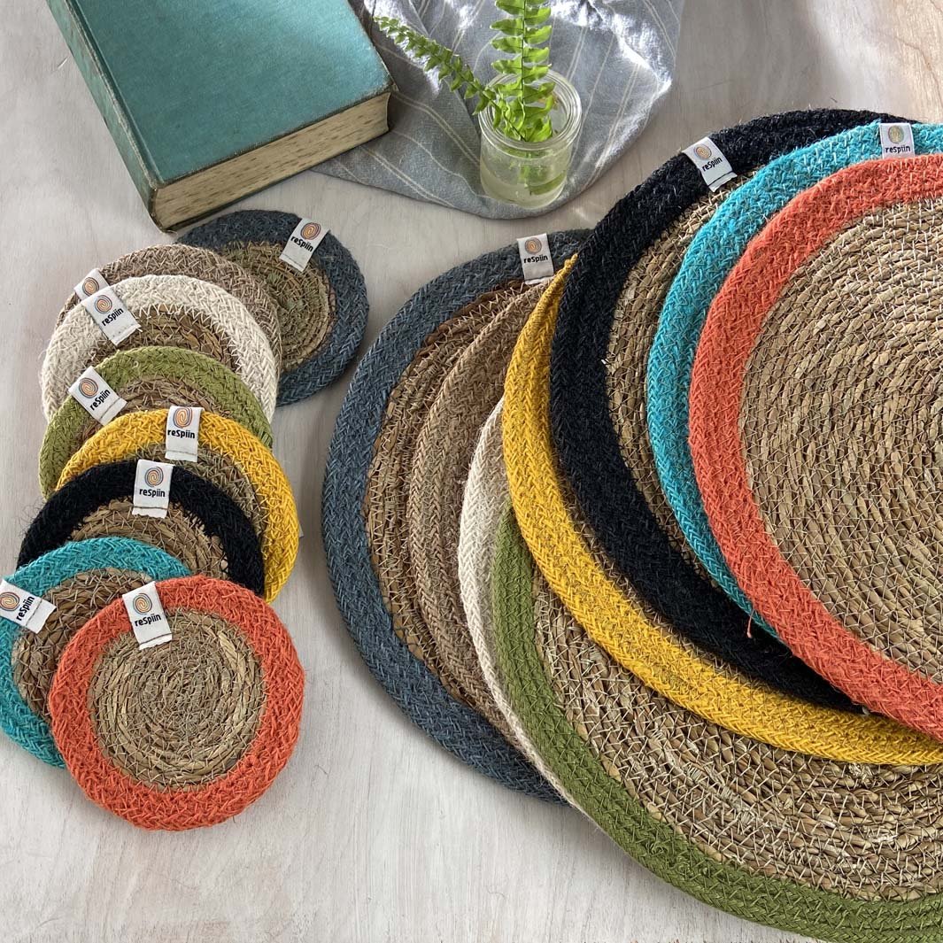 Seagrass & Jute Coaster - Green Tulip