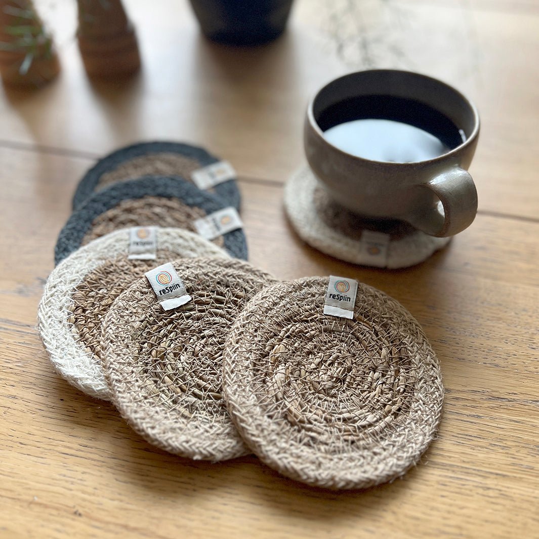 Set of 6 Seagrass & Jute Coasters - Naturals - Green Tulip