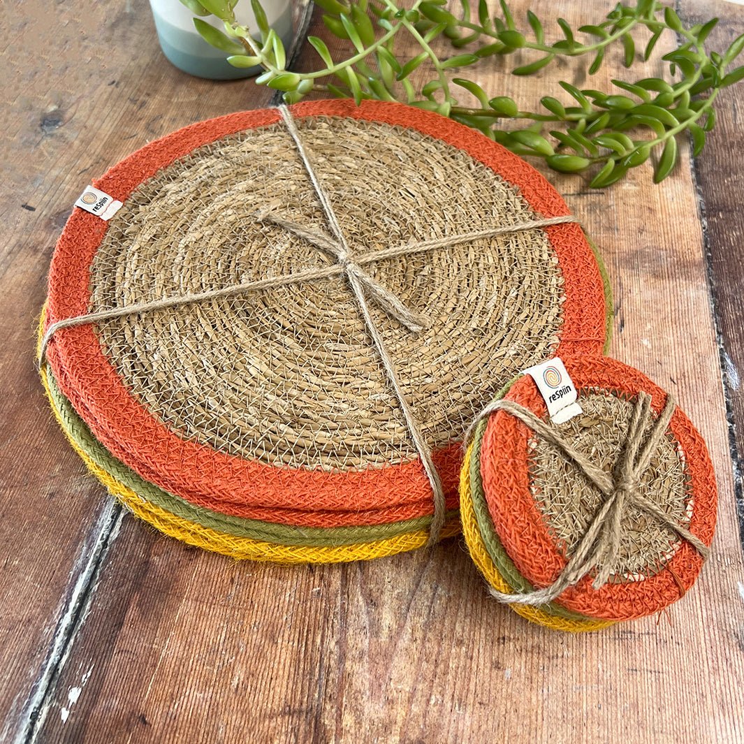 Set of 6 Seagrass & Jute Tablemats - Brights - Green Tulip