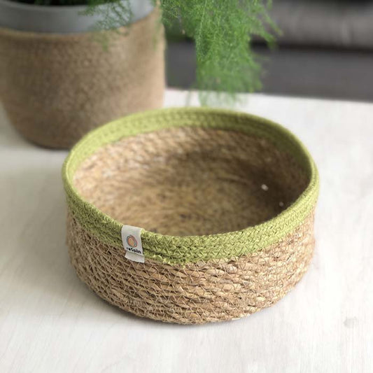 Shallow Seagrass & Jute Basket - Natural/Green - Medium - Green Tulip