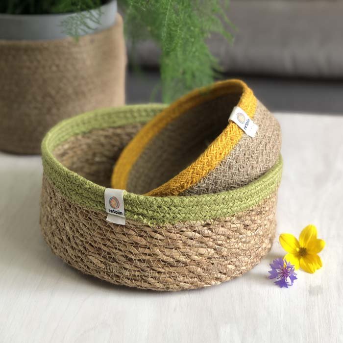 Shallow Seagrass & Jute Basket - Natural/Green - Medium - Green Tulip