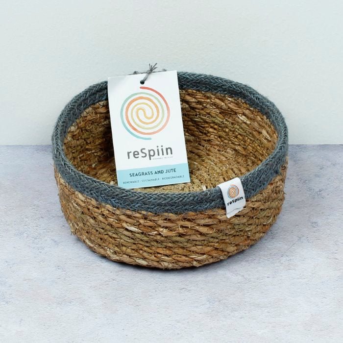 Shallow Seagrass & Jute Basket - Natural/Grey - Small - Green Tulip