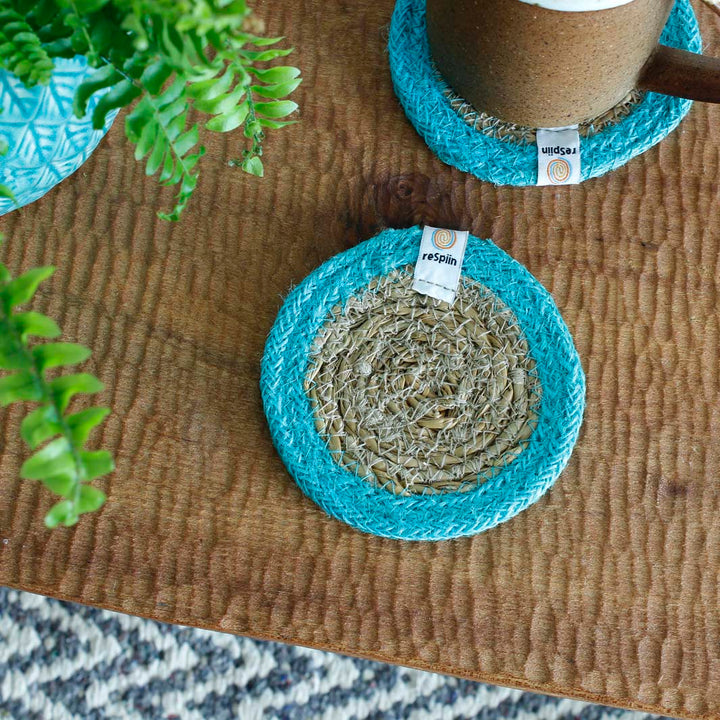 *NQP* Seagrass & Jute Coaster - Natural/Turquoise