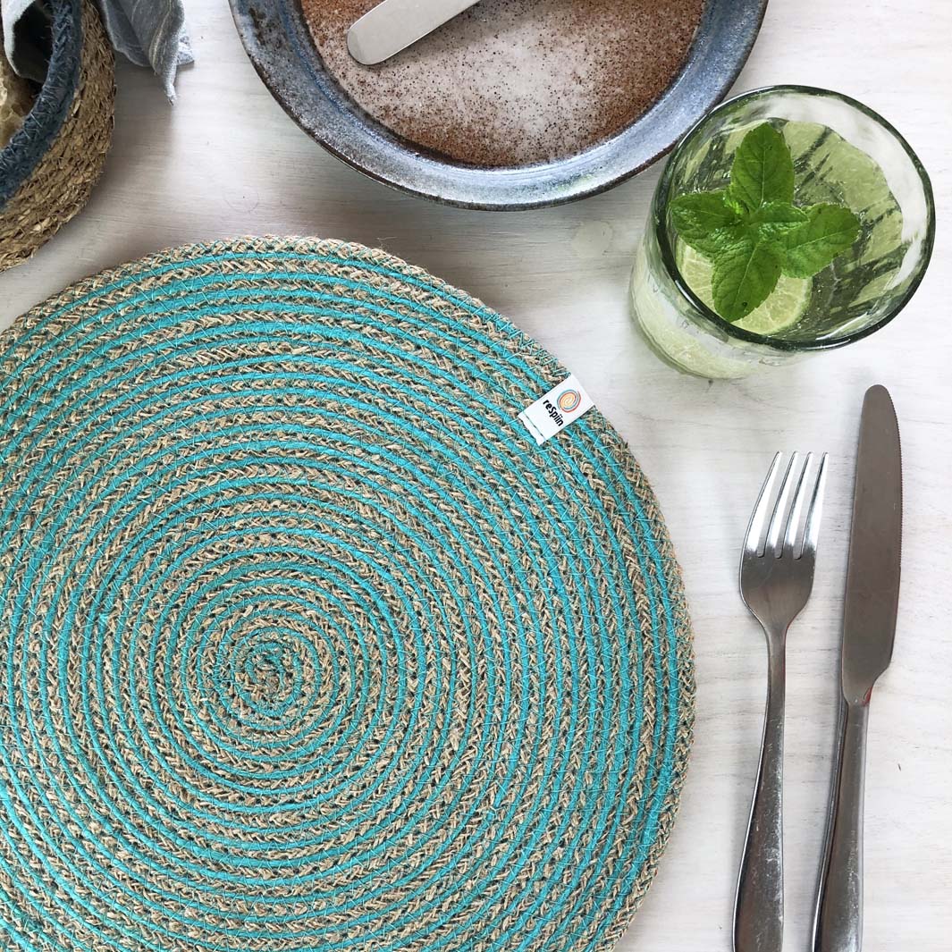 *NQP* Jute Spiral Tablemat - Natural/Turquoise