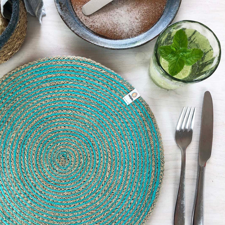 *NQP* Jute Spiral Tablemat - Natural/Turquoise